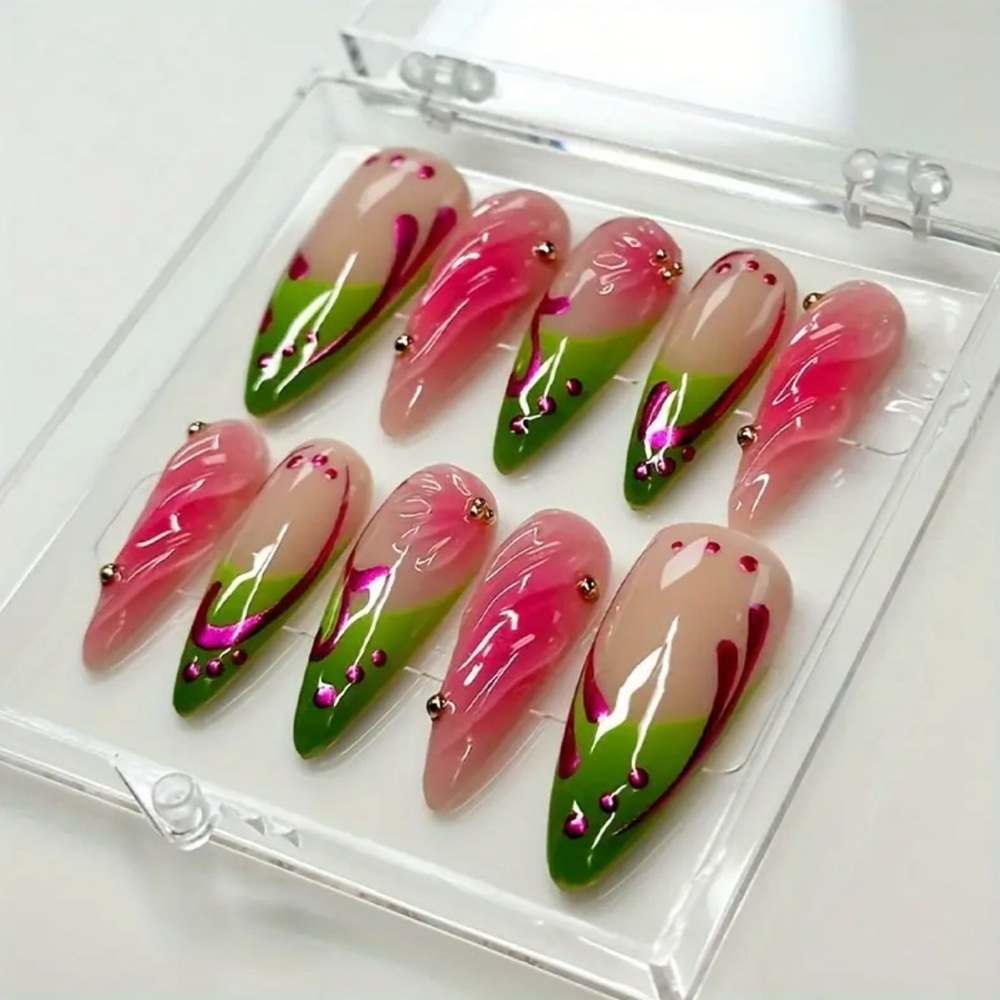 Pink & Green Handmade Press-On Nails Reusable Medium acrylic 3-D NWT - Picture 3 of 8